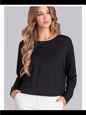 Buttercloth Opus in Icy Bamboo Long Sleeve Black Crew Neck Top - Womens Medium